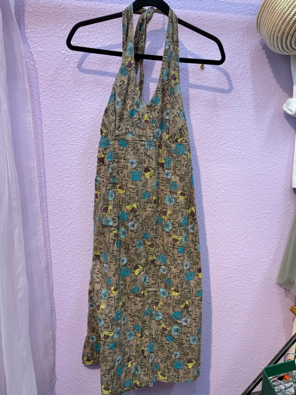 Fat Face Taupe Halter One-Piece with Teal & Yellow Print